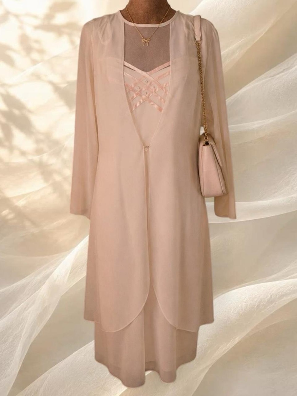 Vintage Patra Chiffon Dress Jacket Set Cream Pink Sz 12 FLAWS Stained TLC